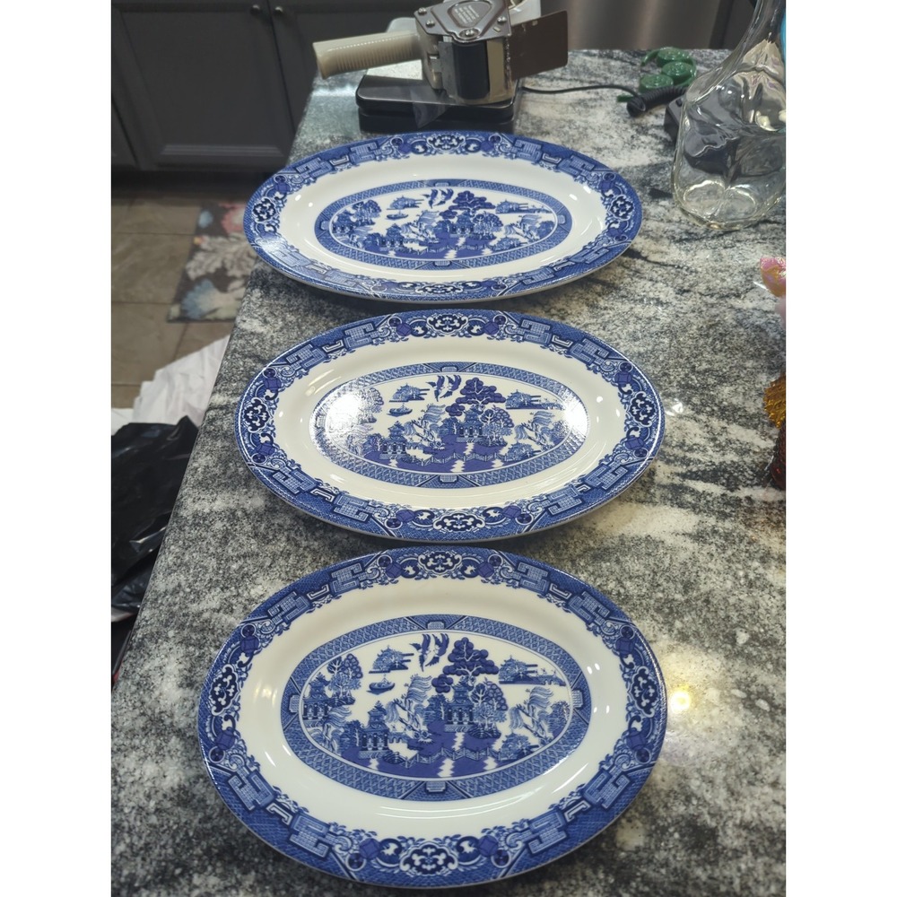 3 Vintage Royal Cuthbertson Blue Willow Platters Microwave & Dishwasher Safe